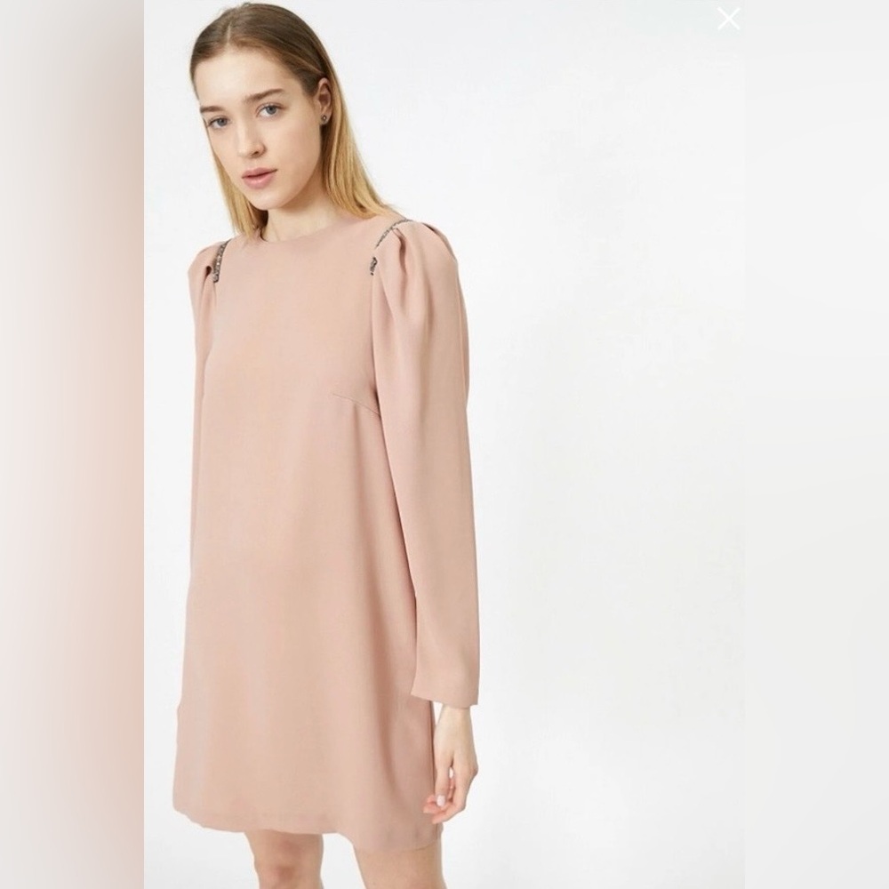 H&M blush pink puff sleeve beaded shoulder long sleeve mini dress small - Picture 2 of 6
